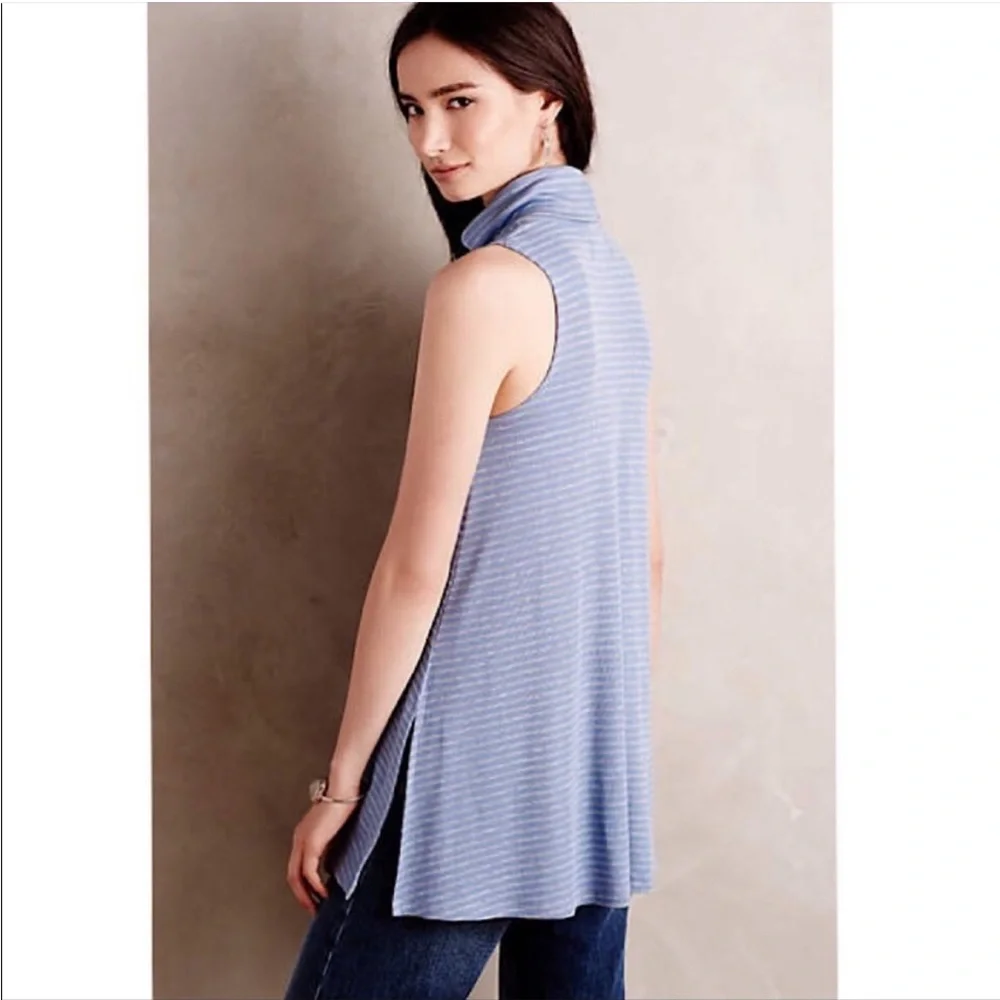 Anthropologie Puella Striped Blue Grey Gray Sleeveless Turtleneck Top Women’s M - Picture 4 of 15